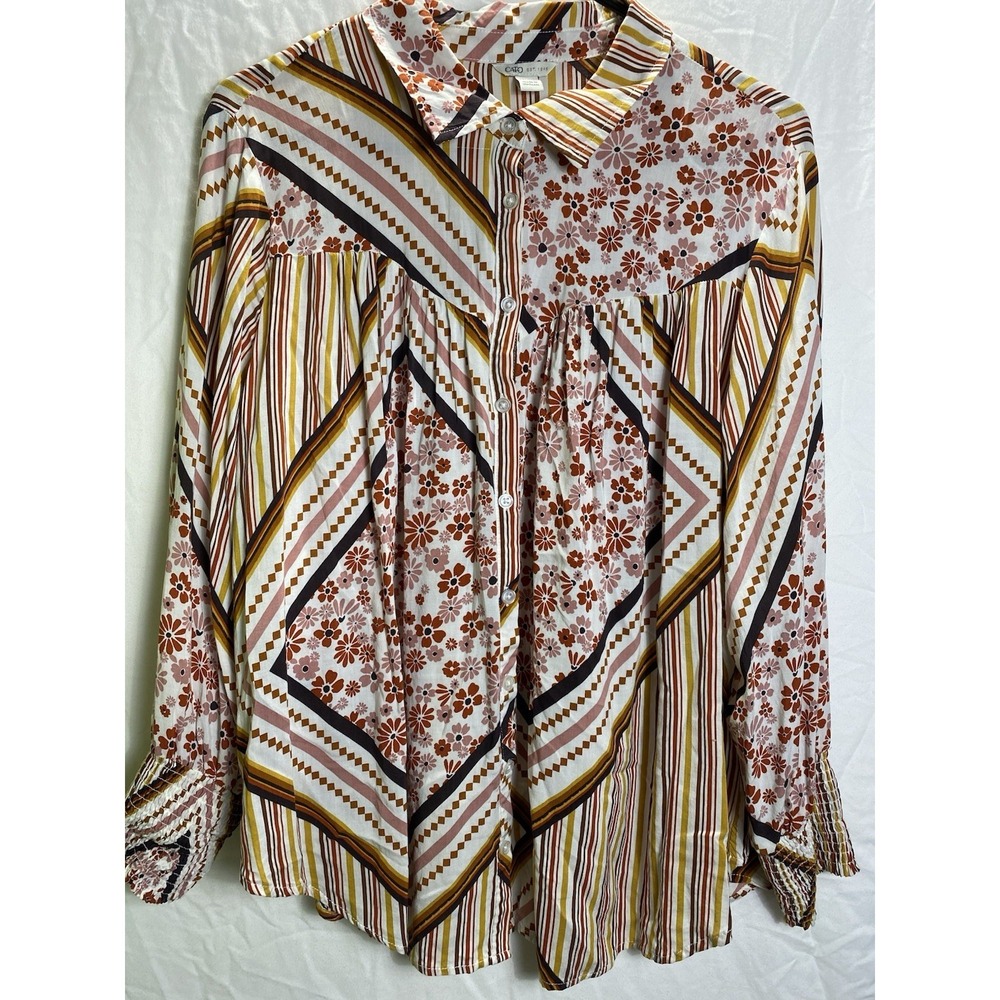 Cato Floral Stripe Geometric Button Down‎ Blouse Smocked Cuff Earth Tone 18/20W